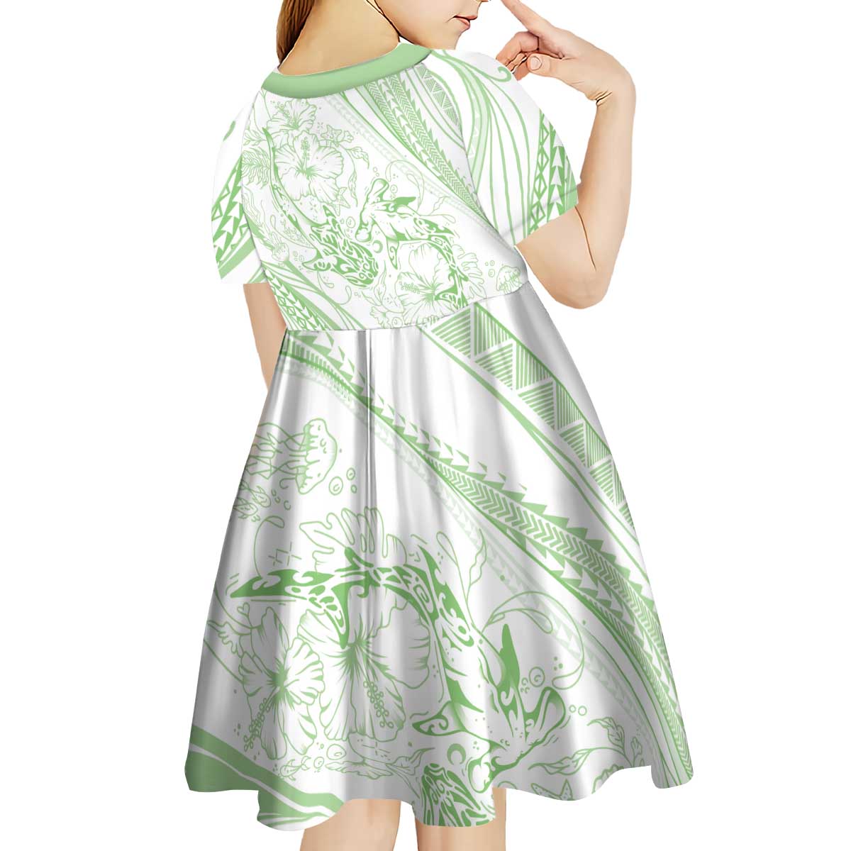 Sharks Couple Dreamy Polynesians Floral Sea Kid Short Sleeve Dress Emerald - Polynesian Pride
