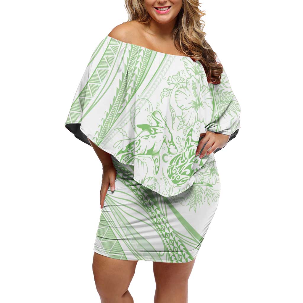 Sharks Couple Dreamy Polynesians Floral Sea Off Shoulder Short Dress Emerald - Polynesian Pride