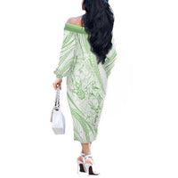 Sharks Couple Dreamy Polynesians Floral Sea Off The Shoulder Long Sleeve Dress Emerald - Polynesian Pride