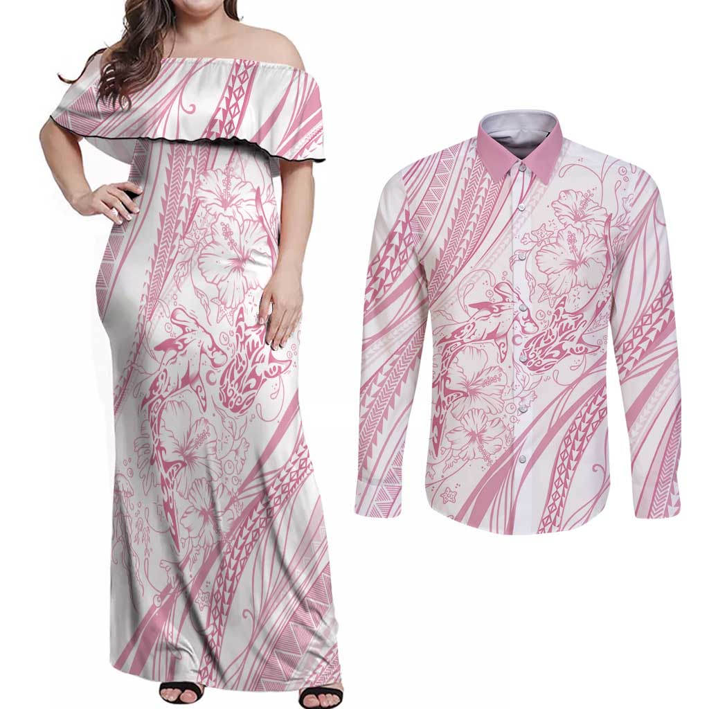 Sharks Couple Dreamy Polynesians Floral Sea Couples Matching Off Shoulder Maxi Dress and Long Sleeve Button Shirt Pink - Polynesian Pride