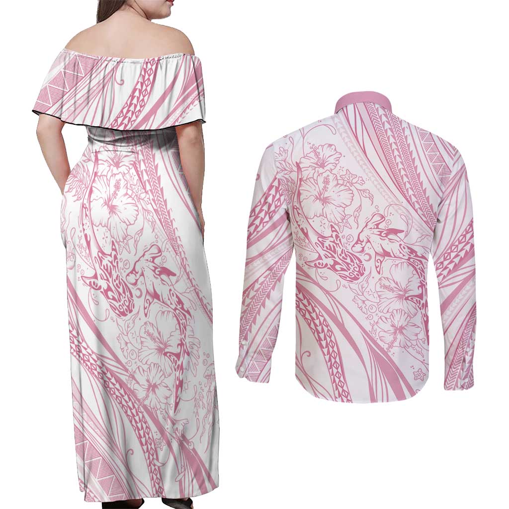 Sharks Couple Dreamy Polynesians Floral Sea Couples Matching Off Shoulder Maxi Dress and Long Sleeve Button Shirt Pink - Polynesian Pride