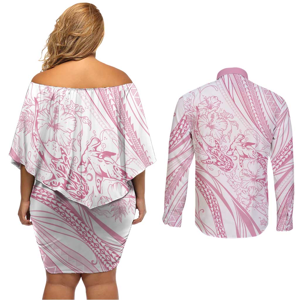 Sharks Couple Dreamy Polynesians Floral Sea Couples Matching Off Shoulder Short Dress and Long Sleeve Button Shirt Pink - Polynesian Pride