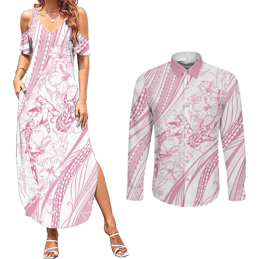 Sharks Couple Dreamy Polynesians Floral Sea Couples Matching Summer Maxi Dress and Long Sleeve Button Shirt Pink - Polynesian Pride