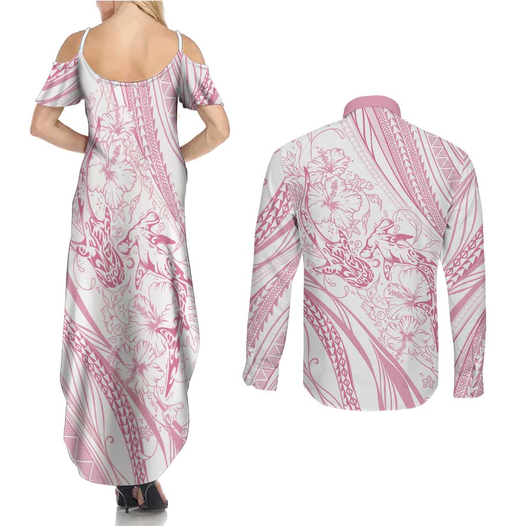 Sharks Couple Dreamy Polynesians Floral Sea Couples Matching Summer Maxi Dress and Long Sleeve Button Shirt Pink - Polynesian Pride