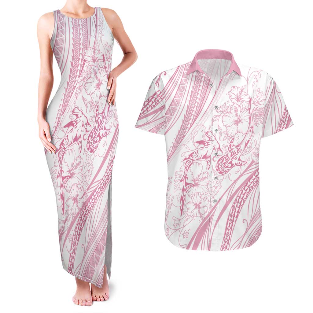 Sharks Couple Dreamy Polynesians Floral Sea Couples Matching Tank Maxi Dress and Hawaiian Shirt Pink - Polynesian Pride