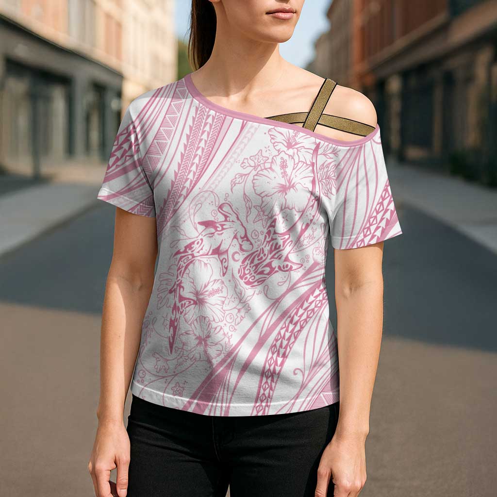 Sharks Couple Dreamy Polynesians Floral Sea Cross Shoulder Shirt Pink LT7 - Polynesian Pride