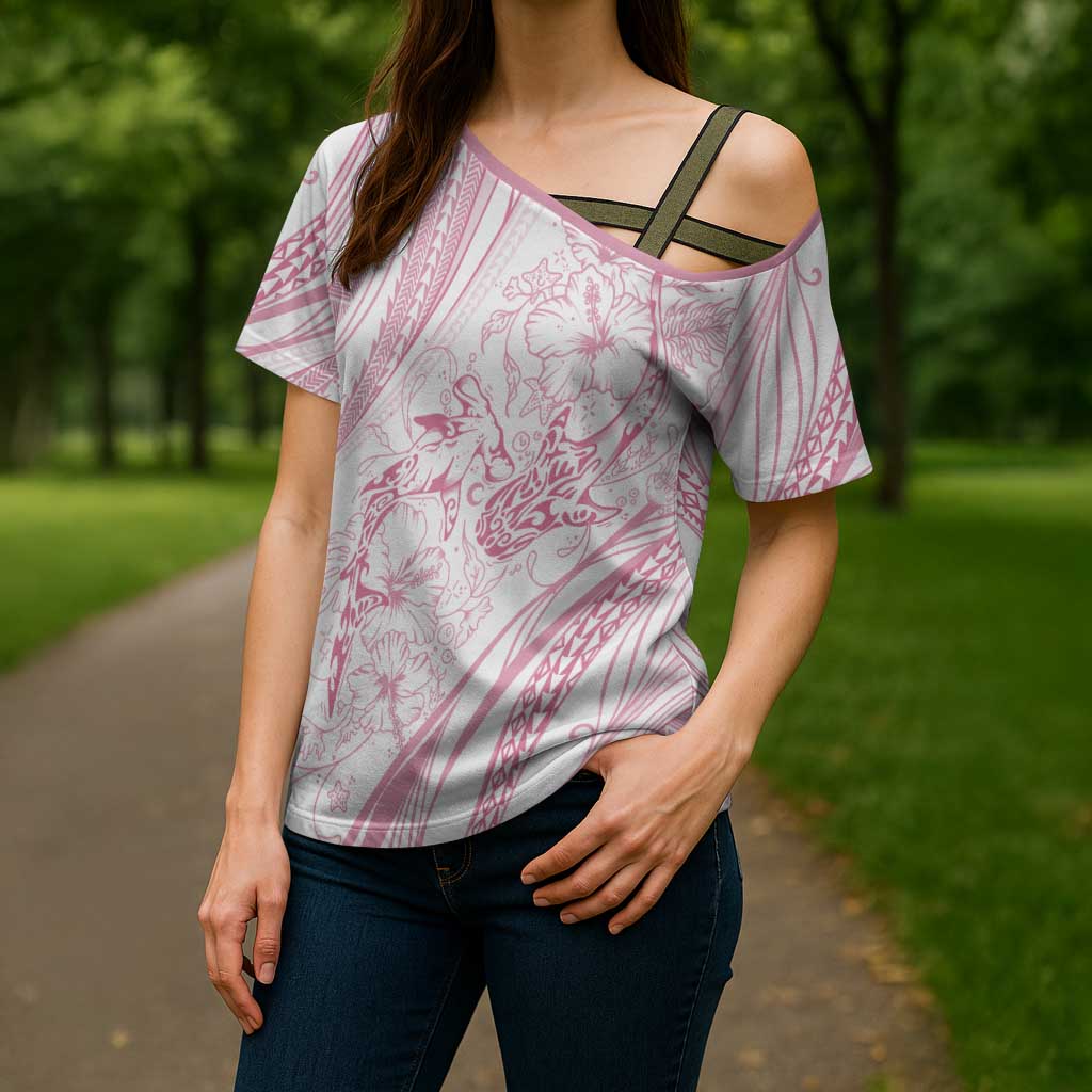 Sharks Couple Dreamy Polynesians Floral Sea Cross Shoulder Shirt Pink LT7 - Polynesian Pride