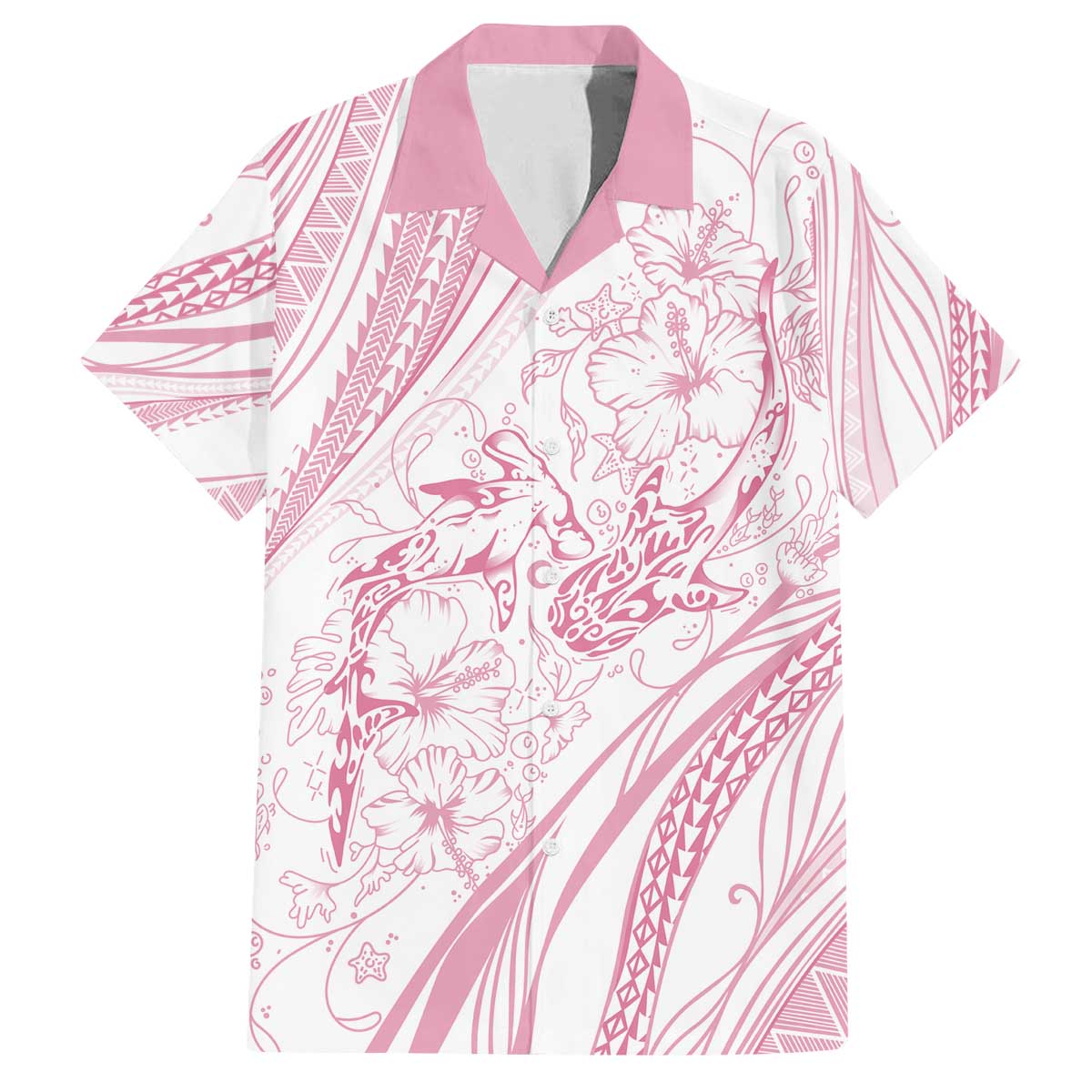 Sharks Couple Dreamy Polynesians Floral Sea Family Matching Off The Shoulder Long Sleeve Dress and Hawaiian Shirt Pink - Polynesian Pride