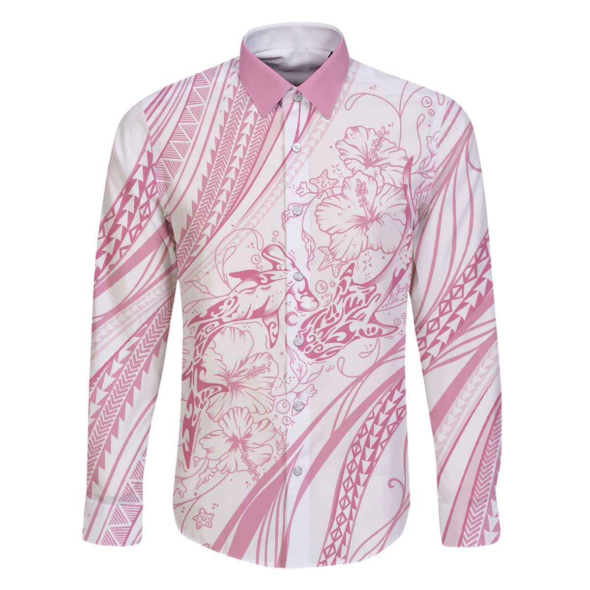 Sharks Couple Dreamy Polynesians Floral Sea Family Matching Off The Shoulder Long Sleeve Dress and Hawaiian Shirt Pink - Polynesian Pride