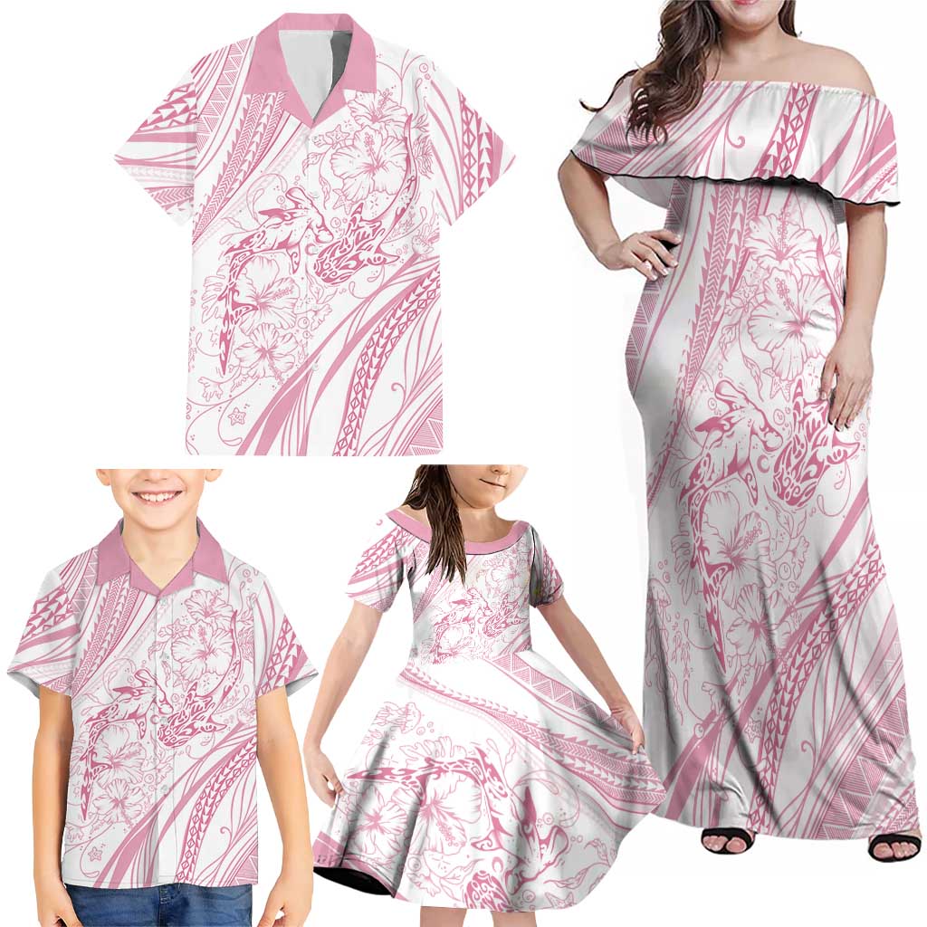 Sharks Couple Dreamy Polynesians Floral Sea Family Matching Off Shoulder Maxi Dress and Hawaiian Shirt Pink - Polynesian Pride