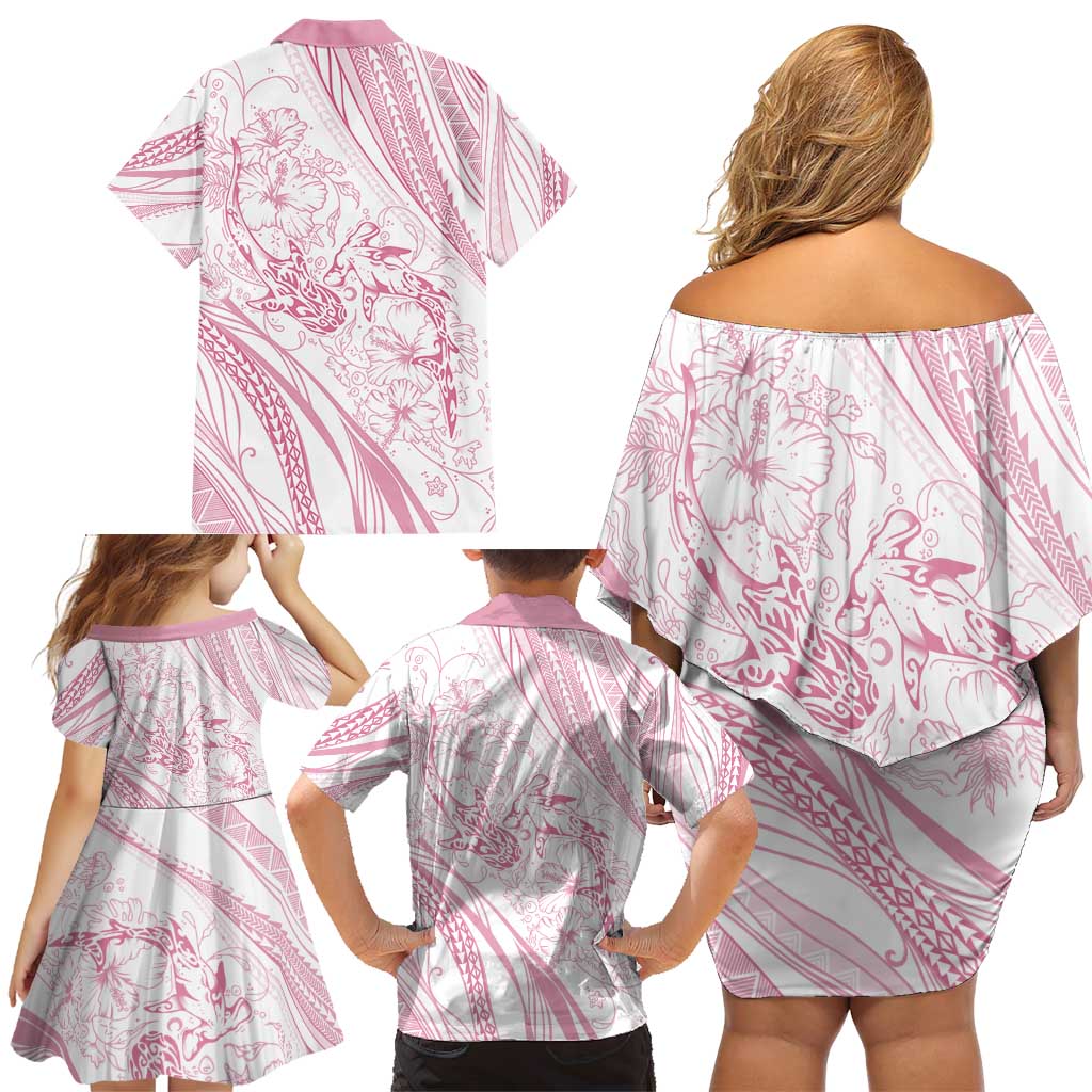 Sharks Couple Dreamy Polynesians Floral Sea Family Matching Off Shoulder Short Dress and Hawaiian Shirt Pink - Polynesian Pride