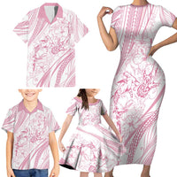 Sharks Couple Dreamy Polynesians Floral Sea Family Matching Short Sleeve Bodycon Dress and Hawaiian Shirt Pink - Polynesian Pride