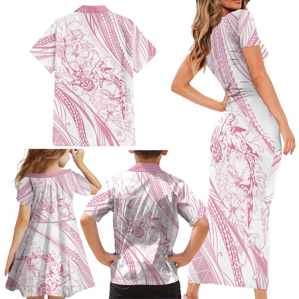 Sharks Couple Dreamy Polynesians Floral Sea Family Matching Short Sleeve Bodycon Dress and Hawaiian Shirt Pink - Polynesian Pride