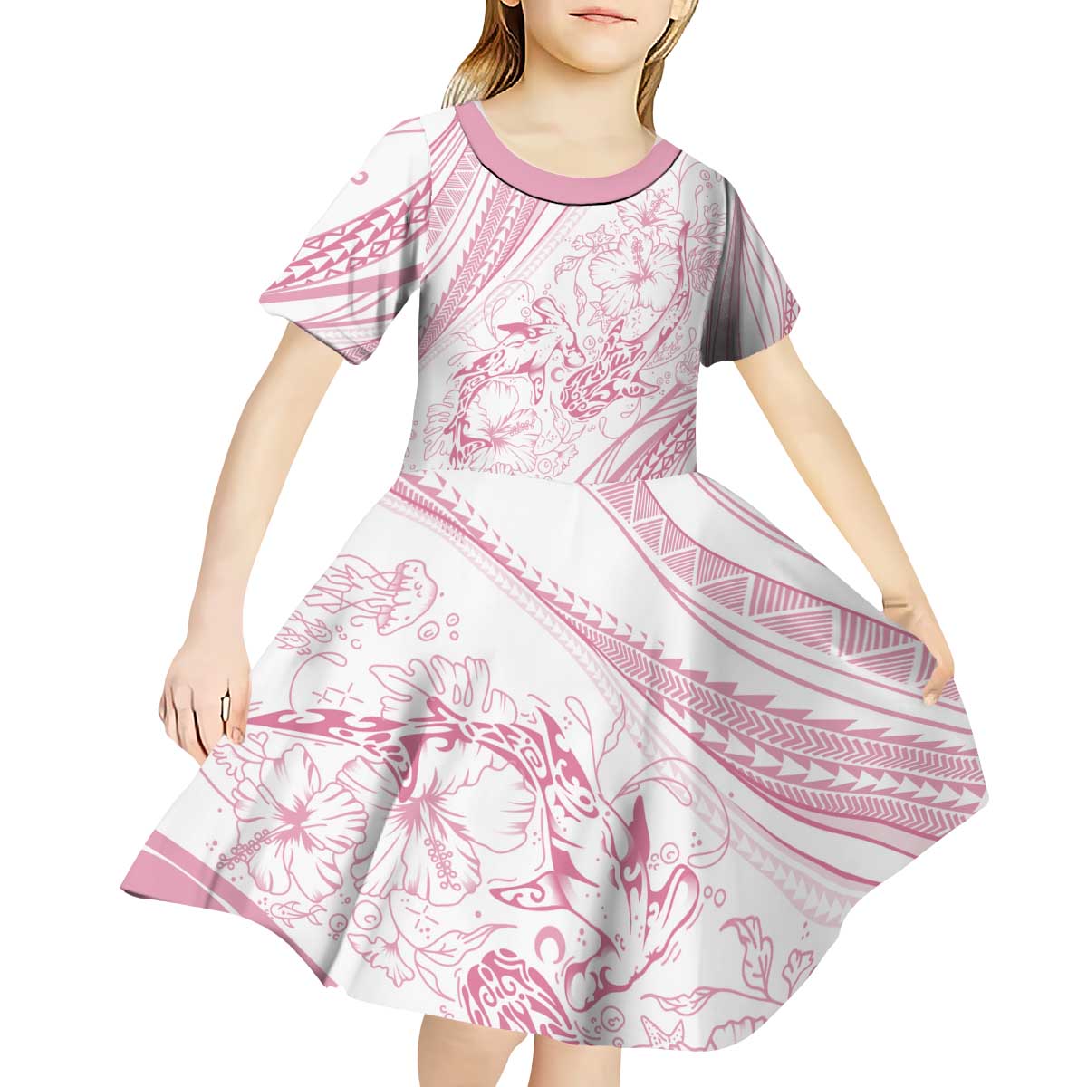 Sharks Couple Dreamy Polynesians Floral Sea Kid Short Sleeve Dress Pink - Polynesian Pride