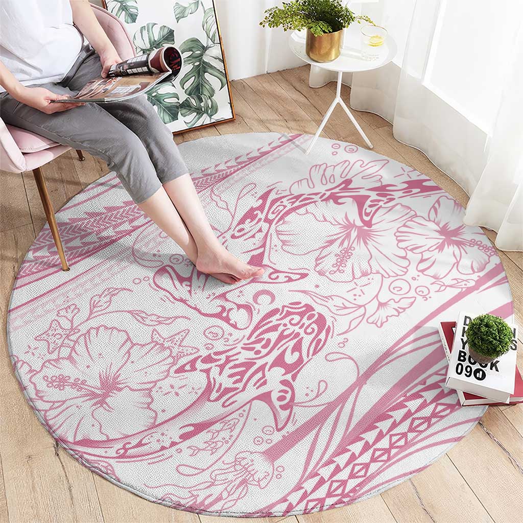 Sharks Couple Dreamy Polynesians Floral Sea Round Carpet Pink - Polynesian Pride