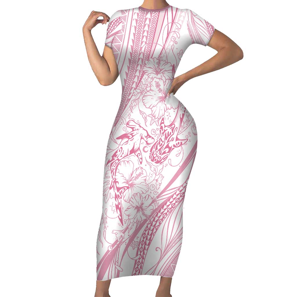 Sharks Couple Dreamy Polynesians Floral Sea Short Sleeve Bodycon Dress Pink - Polynesian Pride