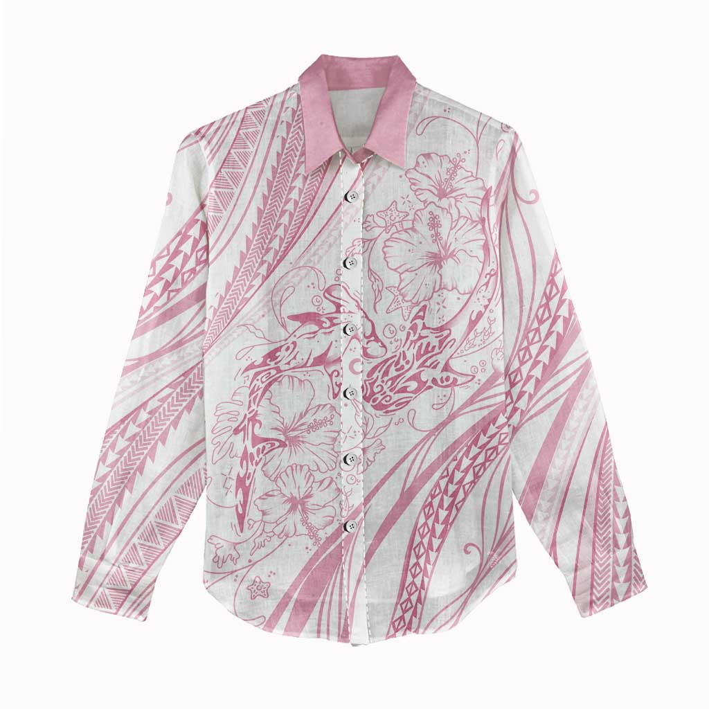 Sharks Couple Dreamy Polynesians Floral Sea Women Casual Shirt Pink - Polynesian Pride