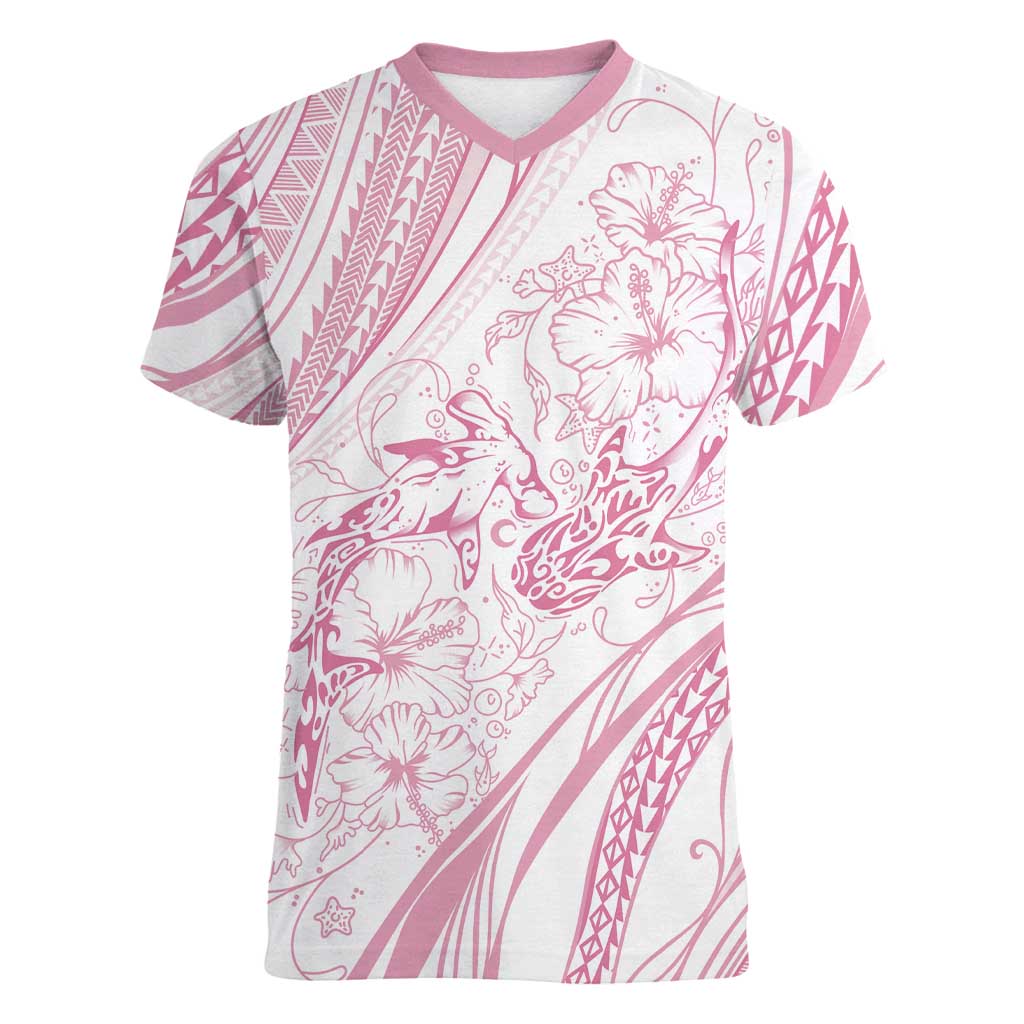 Sharks Couple Dreamy Polynesians Floral Sea Women V-Neck T-Shirt Pink - Polynesian Pride