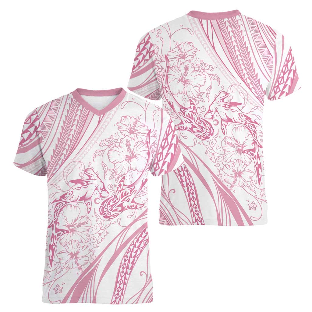 Sharks Couple Dreamy Polynesians Floral Sea Women V-Neck T-Shirt Pink - Polynesian Pride