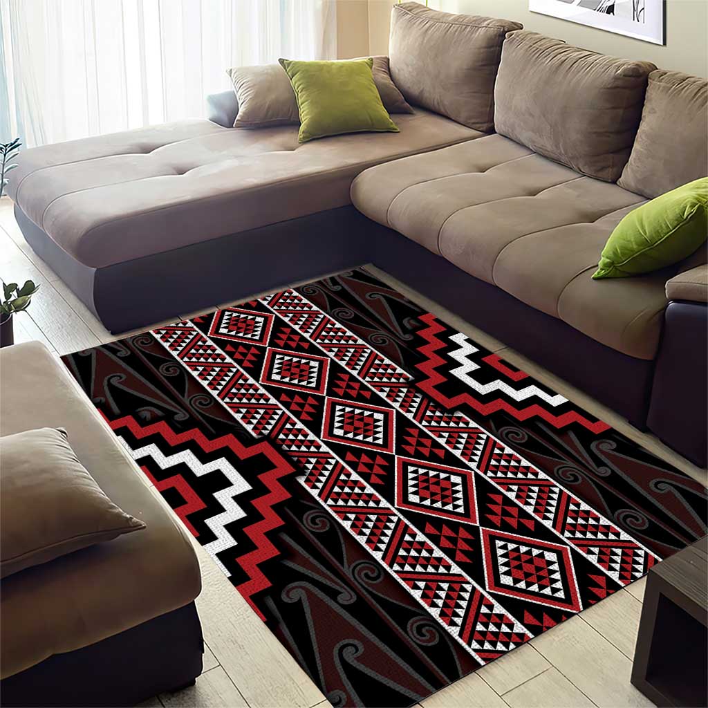 Red Tukutuku Pattern Aotearoa Area Rug Niho Taniwha and Puhoro Motifs