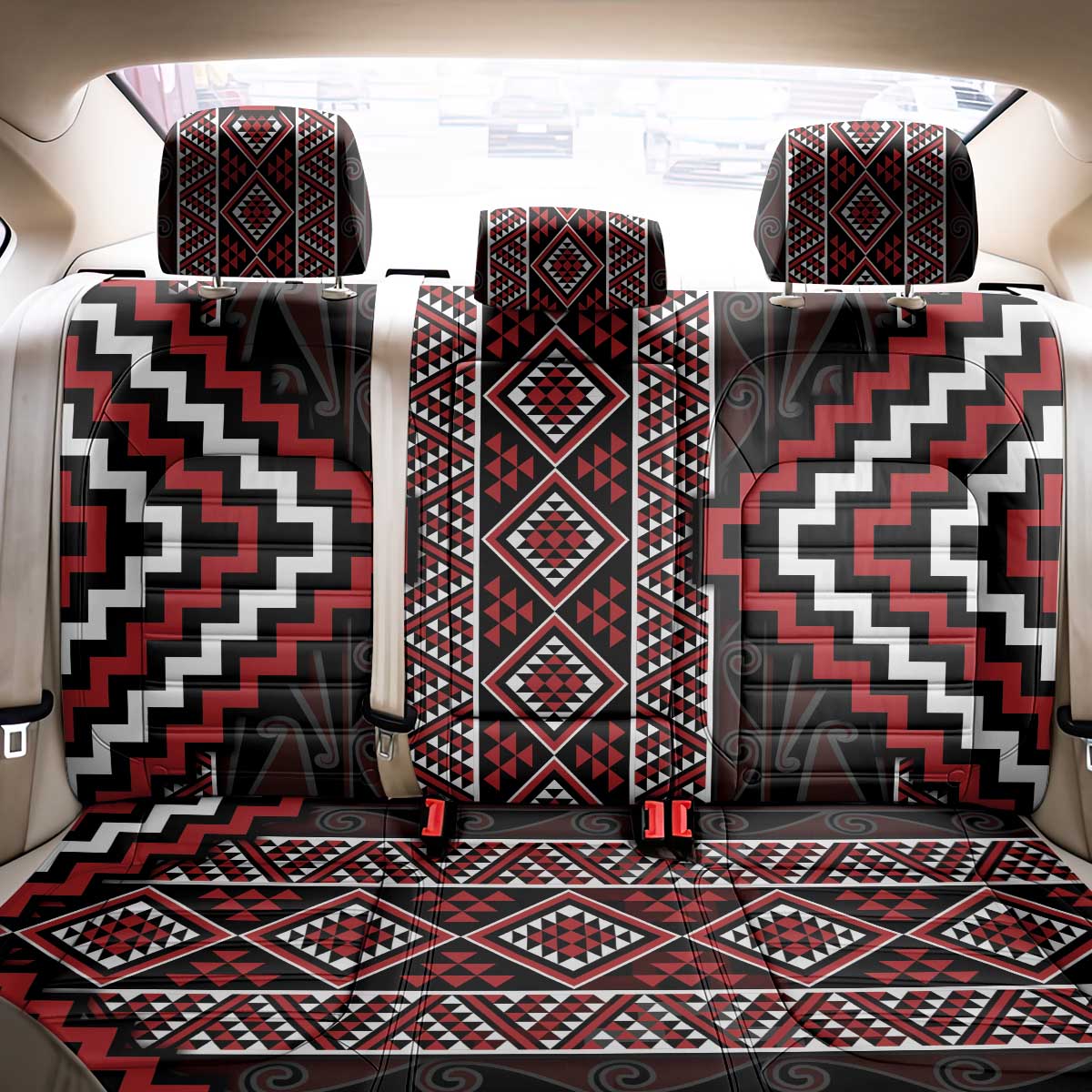 Red Tukutuku Pattern Aotearoa Back Car Seat Cover Niho Taniwha and Puhoro Motifs