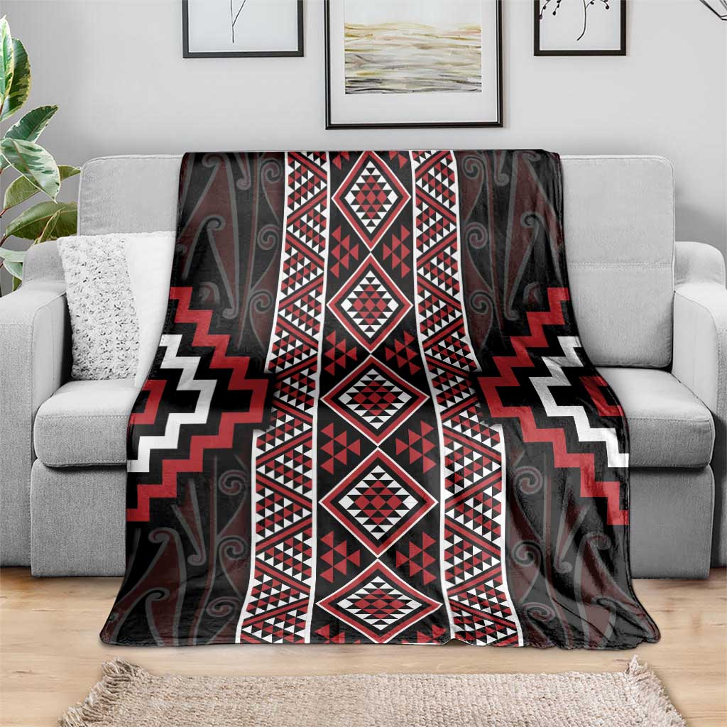 Red Tukutuku Pattern Aotearoa Blanket Niho Taniwha and Puhoro Motifs