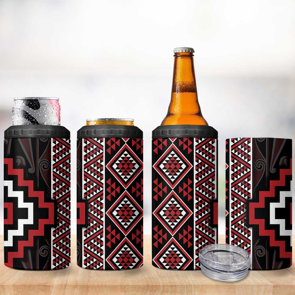 Red Tukutuku Pattern Aotearoa 4 in 1 Can Cooler Tumbler Niho Taniwha and Puhoro Motifs