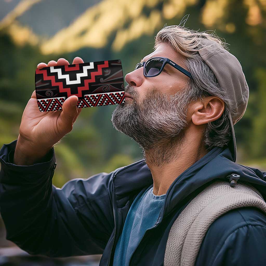 Red Tukutuku Pattern Aotearoa 4 in 1 Can Cooler Tumbler Niho Taniwha and Puhoro Motifs