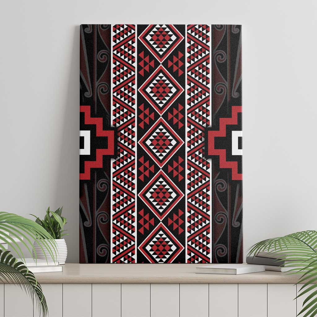 Red Tukutuku Pattern Aotearoa Canvas Wall Art Niho Taniwha and Puhoro Motifs