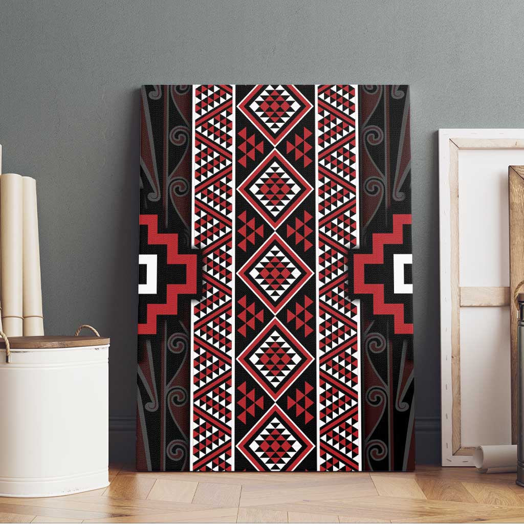 Red Tukutuku Pattern Aotearoa Canvas Wall Art Niho Taniwha and Puhoro Motifs