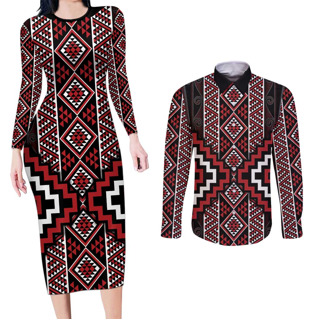 Red Tukutuku Pattern Aotearoa Couples Matching Long Sleeve Bodycon Dress and Long Sleeve Button Shirt Niho Taniwha and Puhoro Motifs