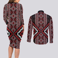 Red Tukutuku Pattern Aotearoa Couples Matching Long Sleeve Bodycon Dress and Long Sleeve Button Shirt Niho Taniwha and Puhoro Motifs