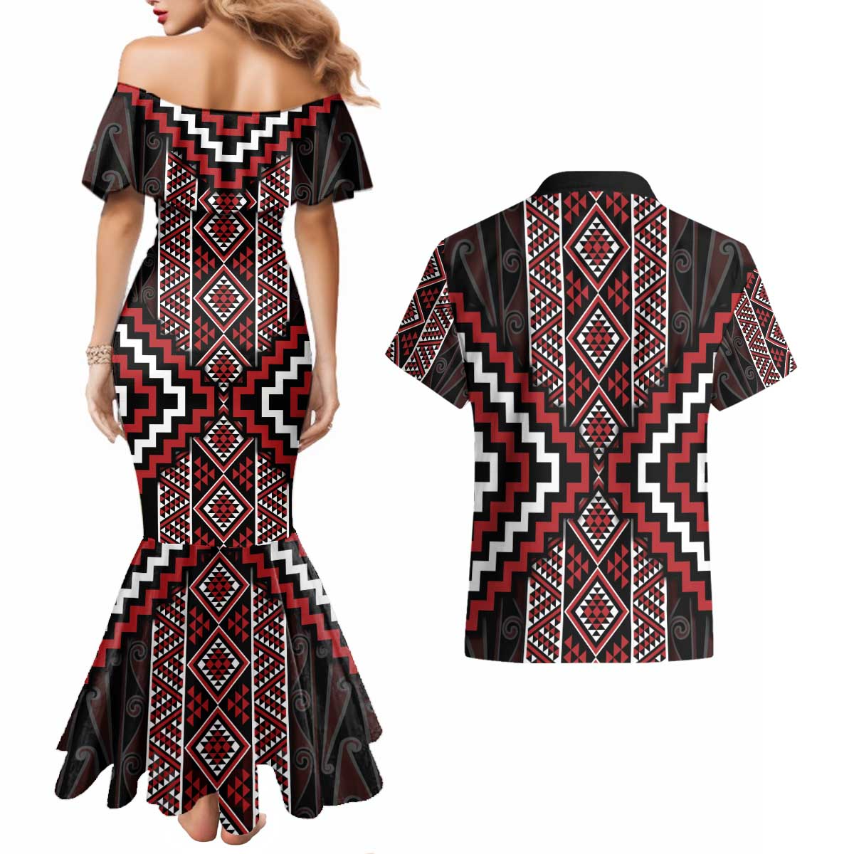 Red Tukutuku Pattern Aotearoa Couples Matching Mermaid Dress and Hawaiian Shirt Niho Taniwha and Puhoro Motifs