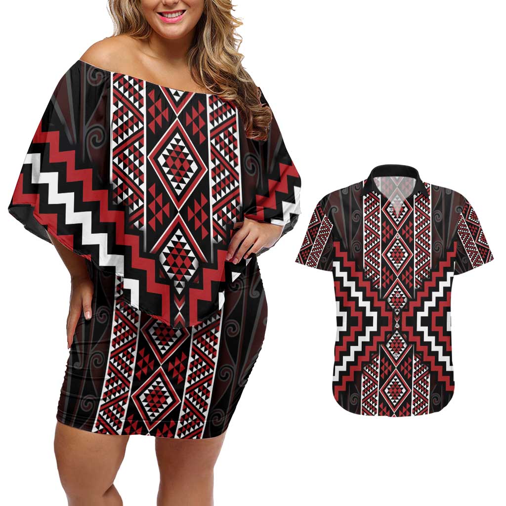 Red Tukutuku Pattern Aotearoa Couples Matching Off Shoulder Short Dress and Hawaiian Shirt Niho Taniwha and Puhoro Motifs