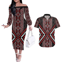 Red Tukutuku Pattern Aotearoa Couples Matching Off The Shoulder Long Sleeve Dress and Hawaiian Shirt Niho Taniwha and Puhoro Motifs