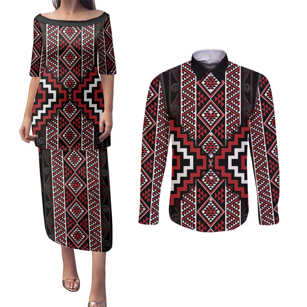 Red Tukutuku Pattern Aotearoa Couples Matching Puletasi and Long Sleeve Button Shirt Niho Taniwha and Puhoro Motifs LT7 Red - Polynesian Pride