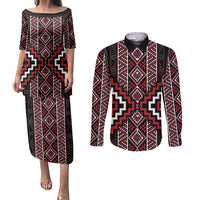 Red Tukutuku Pattern Aotearoa Couples Matching Puletasi and Long Sleeve Button Shirt Niho Taniwha and Puhoro Motifs LT7 Red - Polynesian Pride