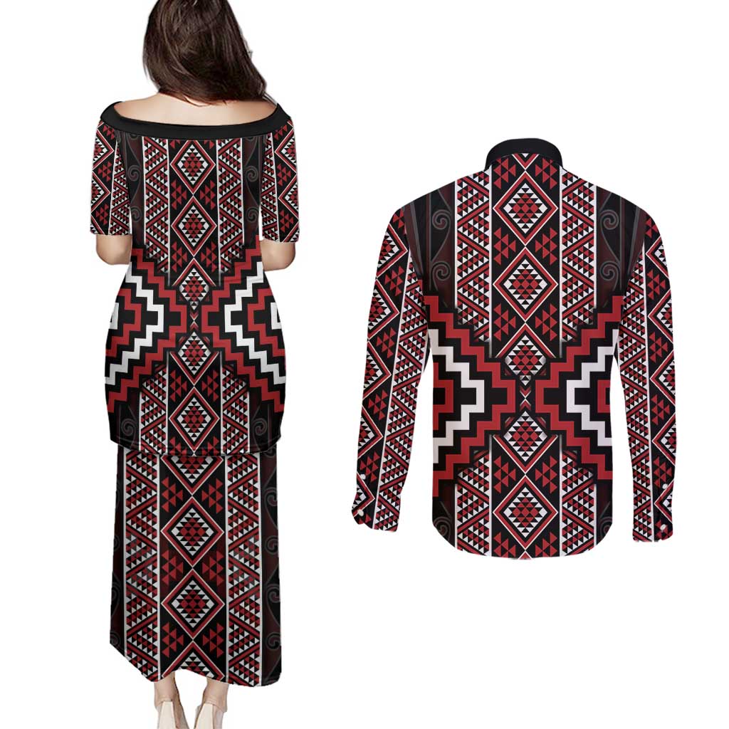 Red Tukutuku Pattern Aotearoa Couples Matching Puletasi and Long Sleeve Button Shirt Niho Taniwha and Puhoro Motifs LT7 - Polynesian Pride