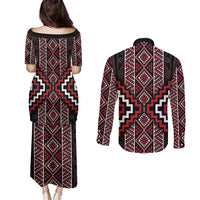 Red Tukutuku Pattern Aotearoa Couples Matching Puletasi and Long Sleeve Button Shirt Niho Taniwha and Puhoro Motifs LT7 - Polynesian Pride