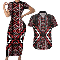 Red Tukutuku Pattern Aotearoa Couples Matching Short Sleeve Bodycon Dress and Hawaiian Shirt Niho Taniwha and Puhoro Motifs