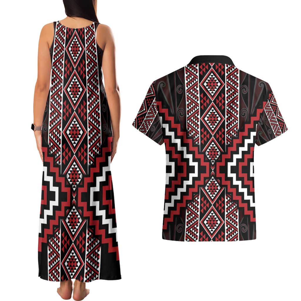 Red Tukutuku Pattern Aotearoa Couples Matching Tank Maxi Dress and Hawaiian Shirt Niho Taniwha and Puhoro Motifs