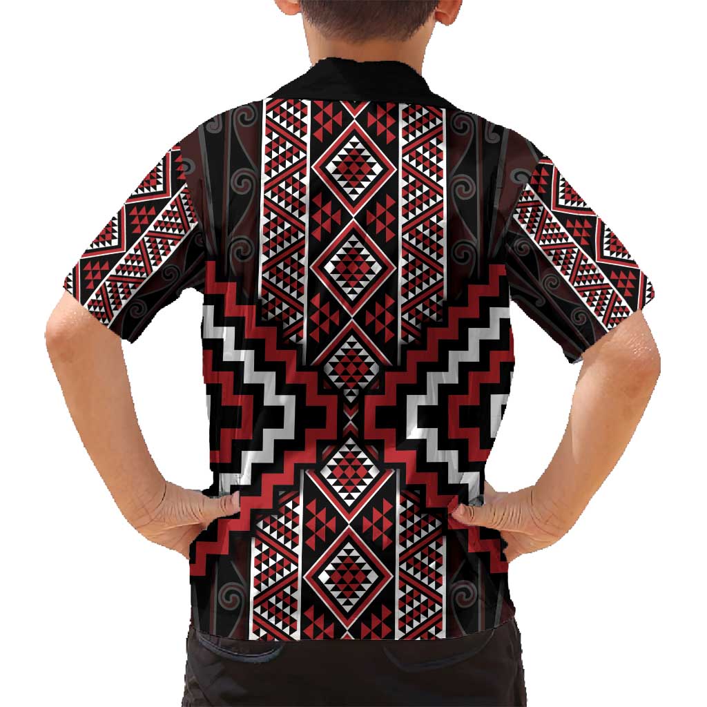 Red Tukutuku Pattern Aotearoa Family Matching Tank Maxi Dress and Hawaiian Shirt Niho Taniwha and Puhoro Motifs LT7 - Polynesian Pride