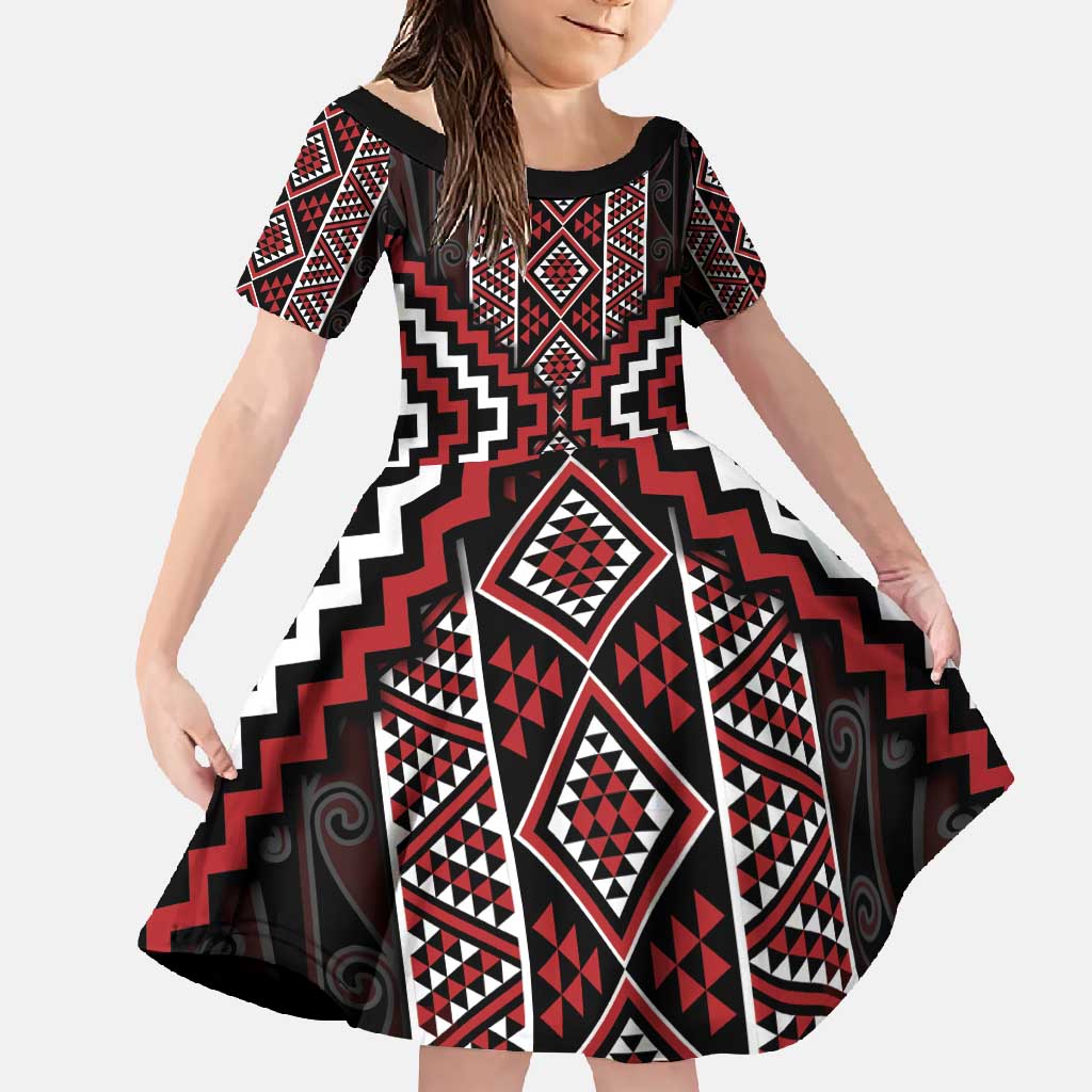 Red Tukutuku Pattern Aotearoa Family Matching Tank Maxi Dress and Hawaiian Shirt Niho Taniwha and Puhoro Motifs LT7 Daughter's Dress Red - Polynesian Pride