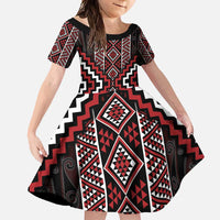 Red Tukutuku Pattern Aotearoa Family Matching Tank Maxi Dress and Hawaiian Shirt Niho Taniwha and Puhoro Motifs LT7 Daughter's Dress Red - Polynesian Pride