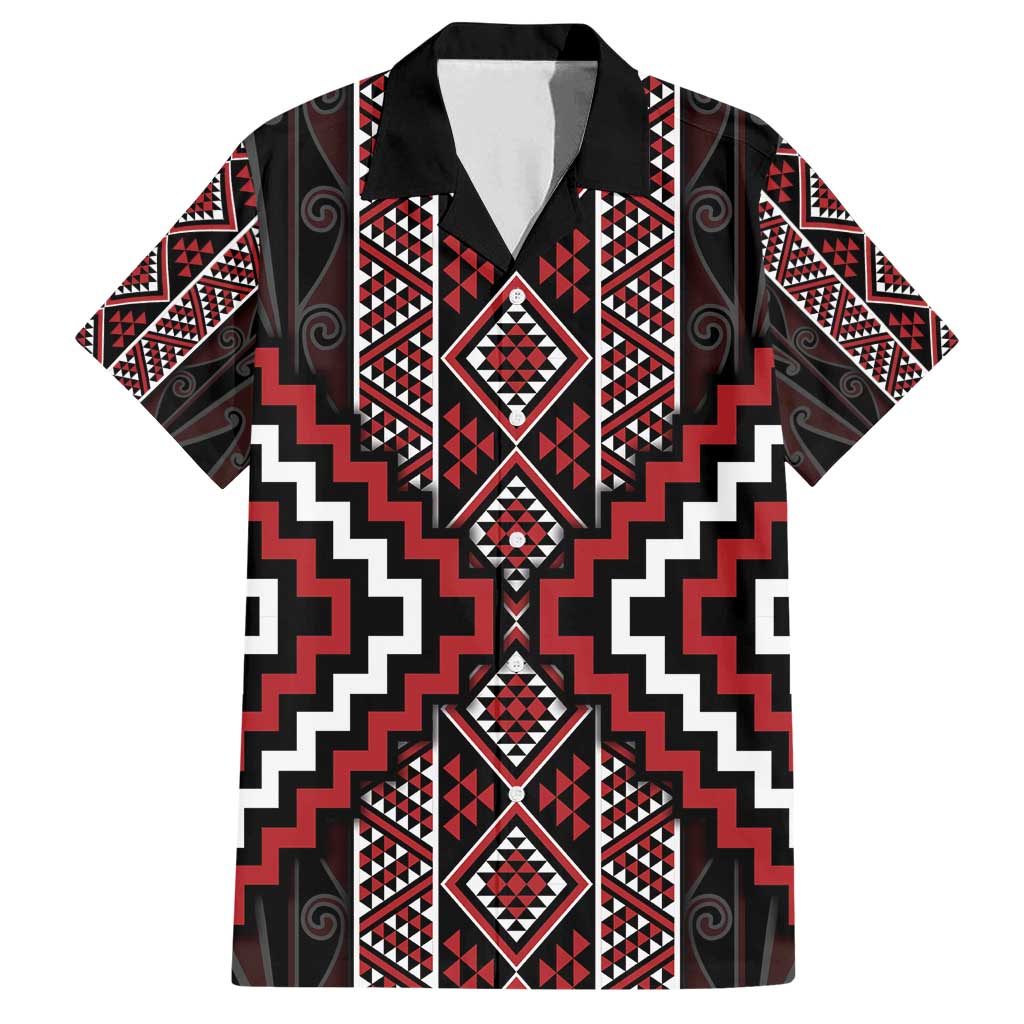 Red Tukutuku Pattern Aotearoa Family Matching Tank Maxi Dress and Hawaiian Shirt Niho Taniwha and Puhoro Motifs LT7 Dad's Shirt - Short Sleeve Red - Polynesian Pride