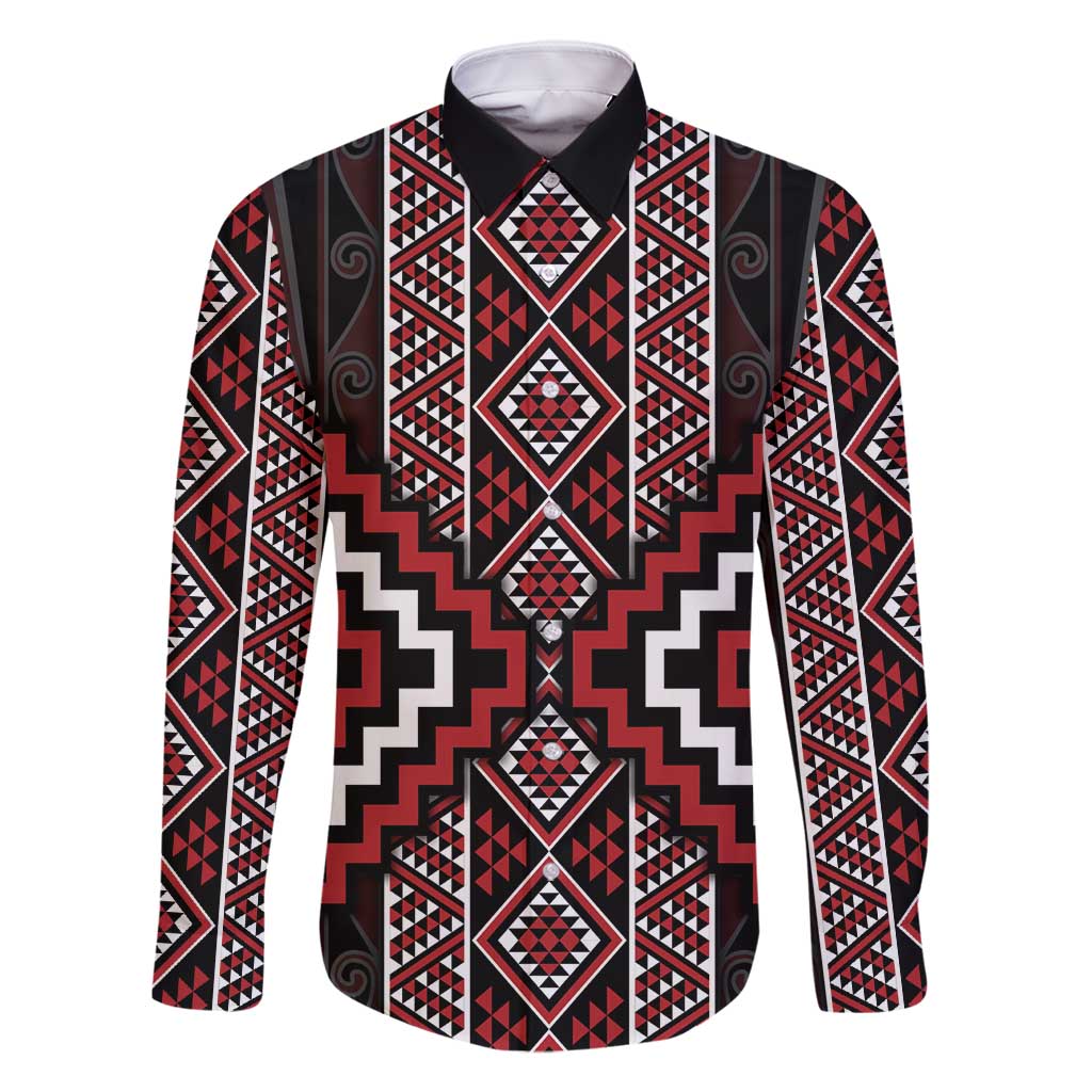 Red Tukutuku Pattern Aotearoa Family Matching Tank Maxi Dress and Hawaiian Shirt Niho Taniwha and Puhoro Motifs LT7 Dad's Shirt - Long Sleeve Red - Polynesian Pride