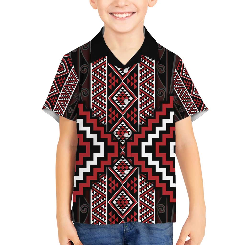 Red Tukutuku Pattern Aotearoa Family Matching Tank Maxi Dress and Hawaiian Shirt Niho Taniwha and Puhoro Motifs LT7 Son's Shirt Red - Polynesian Pride