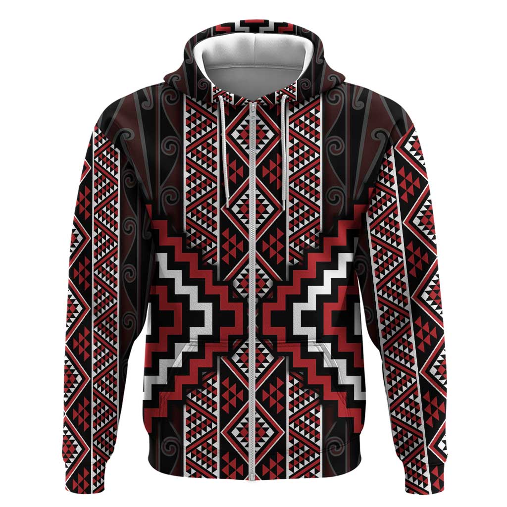 Red Tukutuku Pattern Aotearoa Hoodie Niho Taniwha and Puhoro Motifs
