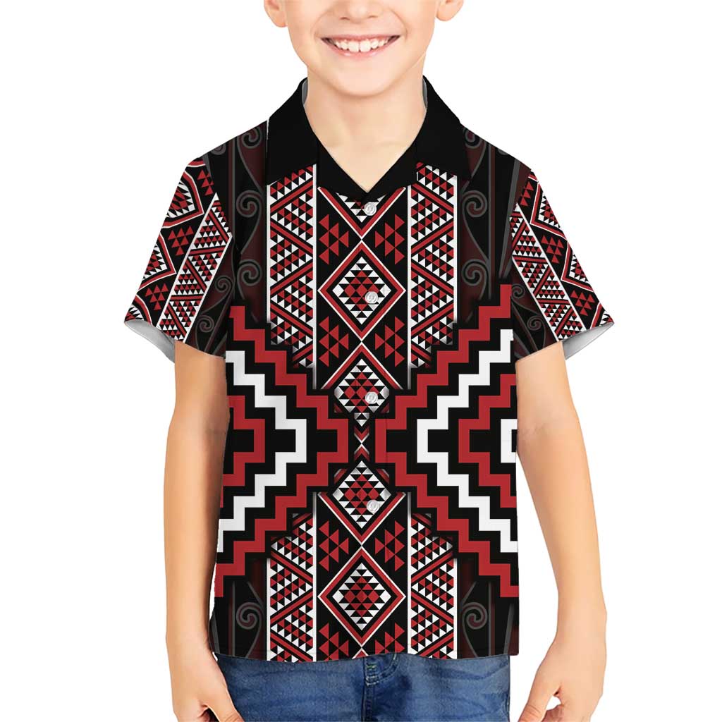 Red Tukutuku Pattern Aotearoa Kid Hawaiian Shirt Niho Taniwha and Puhoro Motifs LT7 Kid Red - Polynesian Pride
