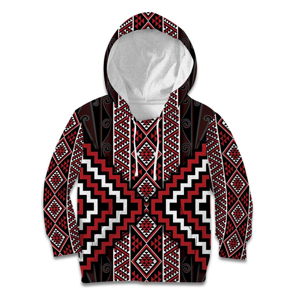 Red Tukutuku Pattern Aotearoa Kid Hoodie Niho Taniwha and Puhoro Motifs